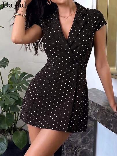 Black Polka Dot Blazer Style Mini Dress, Women's Summer Elegant Double-Breasted Party Dress