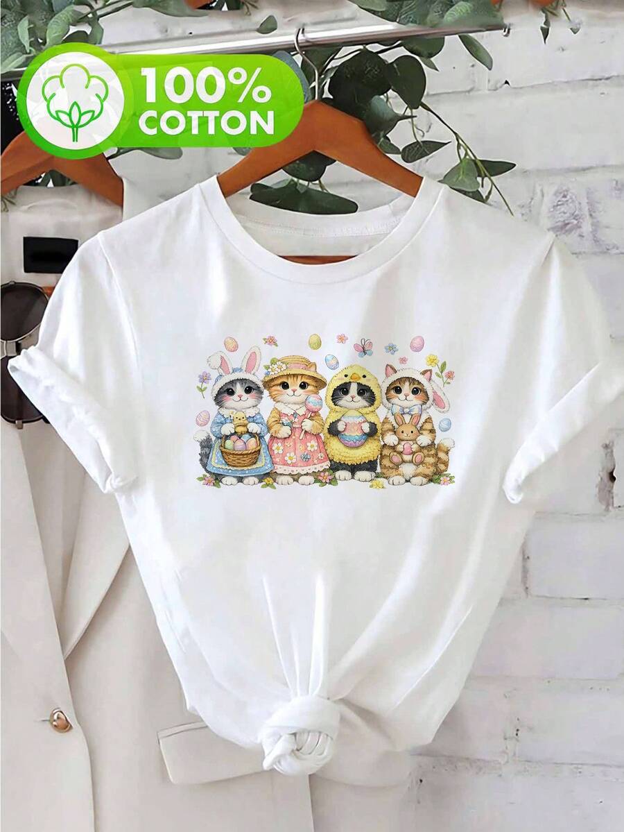 Camiseta con Estampado de Lindos Gatos de Pascua, 100% Algodón, para Mujer, con Cuello Redondo, Estilo Casual - Blanco - Ver 1