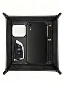 1pc Foldable Leather Desktop Storage Tray - PU Jewelry Box And Key, Remote Control, Ring, Earring Organizer | Fashionable Storage Box For Small Items, Accessories And Home Decor - Multicolor - View 6