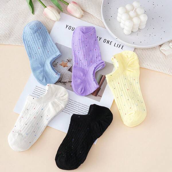 5 Pairs Women's Short Socks, Polka Dot Mesh, Multi-Color Vertical Stripes, Low-Cut Shallow Opening, Invisible Lining Ankle Socks, Versatile Boat Socks, Spring/Summer