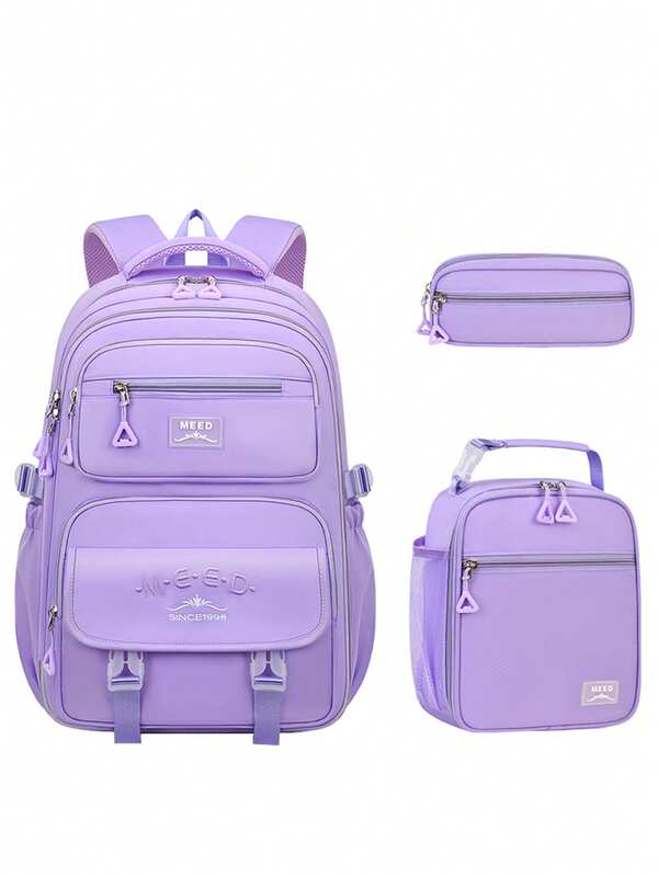 3pcs Solid Color Letter Embroidery Backpack Set, 180° Refrigerator Opening Design, Casual Minimalist Backpack With Multiple Color Options, Adjustable Shoulder Straps, Luggage Strap, Laptop Compartment