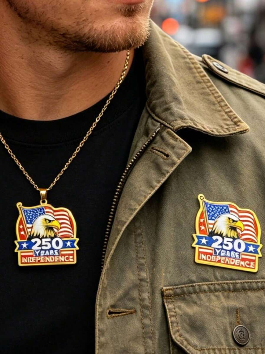 个性化嘻哈休闲美国国旗元素,美国独立250周年纪念秃鹰设计,男士珠宝套装,包含吊坠项链和胸针,适合7月4日独立日庆祝活动,父亲节送给朋友和兄弟的礼物,不锈钢珠宝配件 - 彩色 - 查看 1