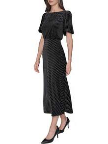 Vestido Midi de Terciopelo a Rayas Finas de Manga Corta  Vestido Informal Mujer - Espresso Multi - Ver 3