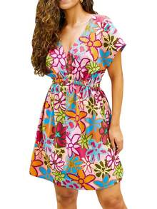- Vestido corto de playa con cuello en V a rayas y cintura elástica para mujer - verde salvia - Ver 12