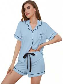 Conjunto de pijama para mujer, cuello con solapa, manga corta, top con bolsillo en el pecho y pantalones cortos con cintura elástica, 2 piezas, ropa de dormir para mujer. - RQ02-Rosa Oscuro - Ver 11