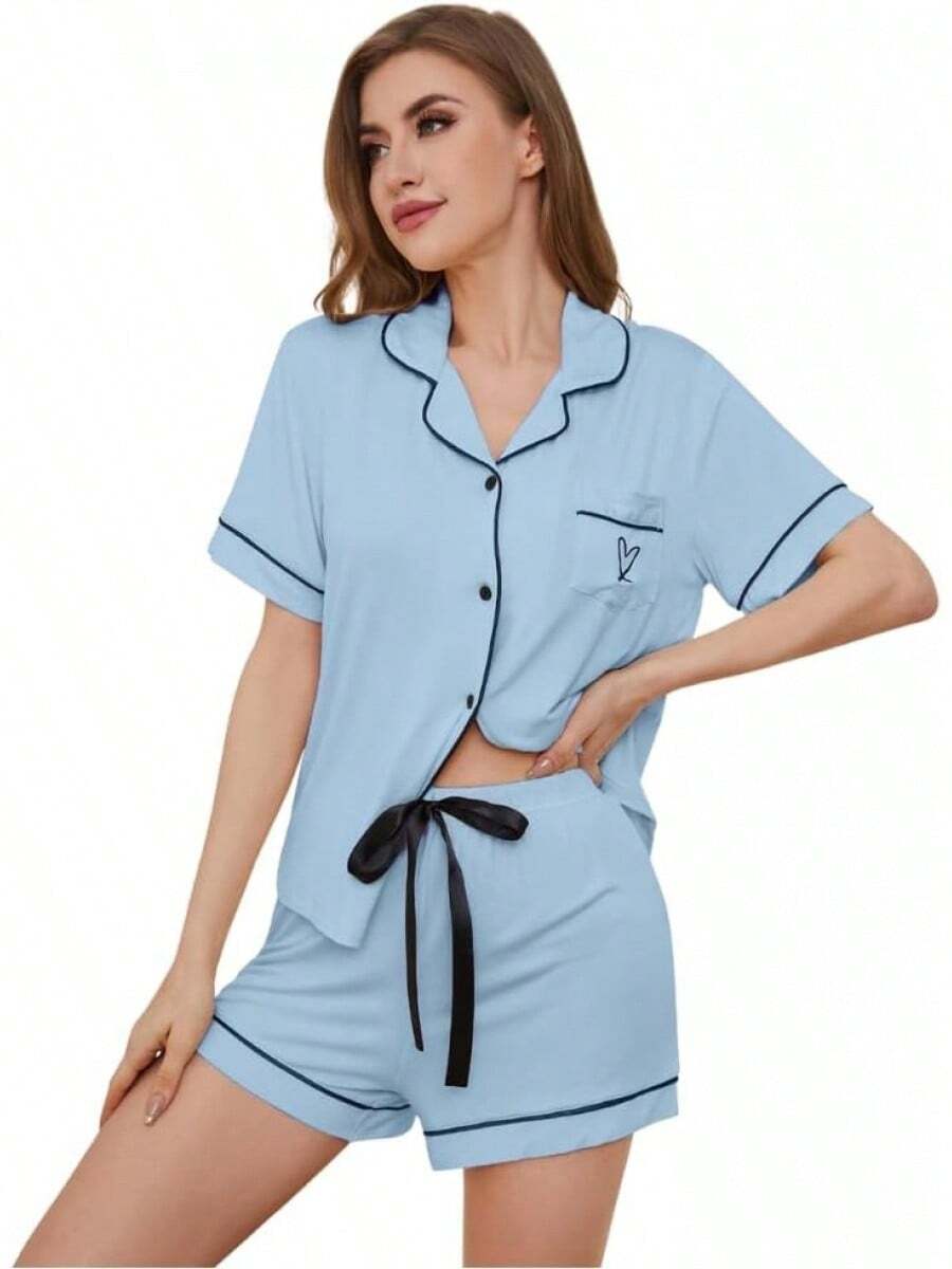 Conjunto de pijama para mujer, cuello con solapa, manga corta, top con bolsillo en el pecho y pantalones cortos con cintura elástica, 2 piezas, ropa de dormir para mujer. - RQ02-Azul claro - Ver 1