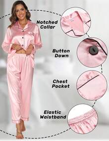 GAESHOW Conjunto de Pijamas de Mujer con Manga Larga de Satén Top Botones y Pantalones Pijama de Seda Ropa de Dormir - Rojo Vino Oscuro - Ver 3