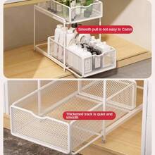 1pc Large Capacity Pull-Out Rust-Proof Coated Iron Storage Basket, Modern Pure Black Rectangular Mesh Wavy Handle 2-Tier Drawer Storage Rack, Suitable For Kitchen Cabinets, Storage Rooms, Bathroom Sink, All-Season Home Use - View 6