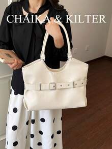 CHAIKA & KILTER 1pc Solid Color PU Fabric Tote Bag, Women's Vintage Fashion Shoulder Tote Bag, Double Handle Design, Zipper Closure, Strap Decoration, Suitable For Daily And Street Use - White - View 7