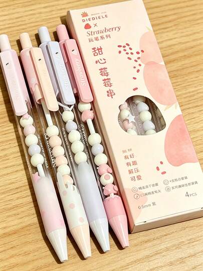 4pcs Cute Strawberry Beaded Stress Relief Neutral Pens, Japanese Cartoon Rabbit Transparent Barrel Retractable Ballpoint Pens, 0.5mm CS Tip Quick-Dry Black Ink, High-Value Macaron Pastel Color DIY Beaded Stationery Set, Suitable For Teenage Girls Students Back To School Gift, Back To School Essential