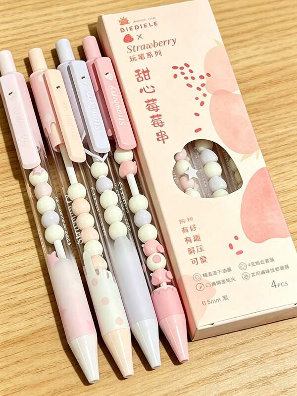 4pcs Cute Strawberry Beaded Stress Relief Neutral Pens, Japanese Cartoon Rabbit Transparent Barrel Retractable Ballpoint Pens, 0.5mm CS Tip Quick-Dry Black Ink, High-Value Macaron Pastel Color DIY Beaded Stationery Set, Suitable For Teenage Girls Students Back To School Gift, Back To School Essential