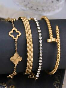 4pcs/Set/3pcs/1pc Gelang Mata Jahat Warna Emas | Set Gelang Mata Biru Enamel & Desain Kabel Terpilin untuk Perhiasan Fashion Kasual/Pesta Sehari-hari - Yellow Gold - View 2