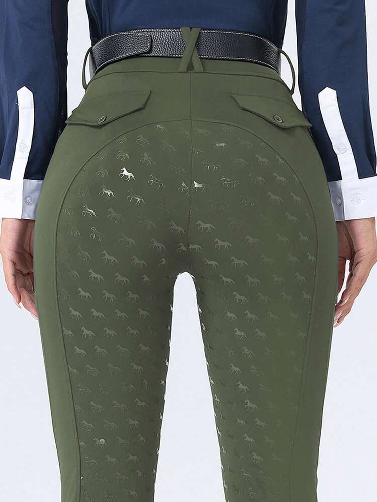 ROYALS MATTINI Women's Solid Color Tight Equestrian Pants, Riding Pants With Pockets, Equestrian Competition And Training Equipment Sports Fall - Army Green - View 5