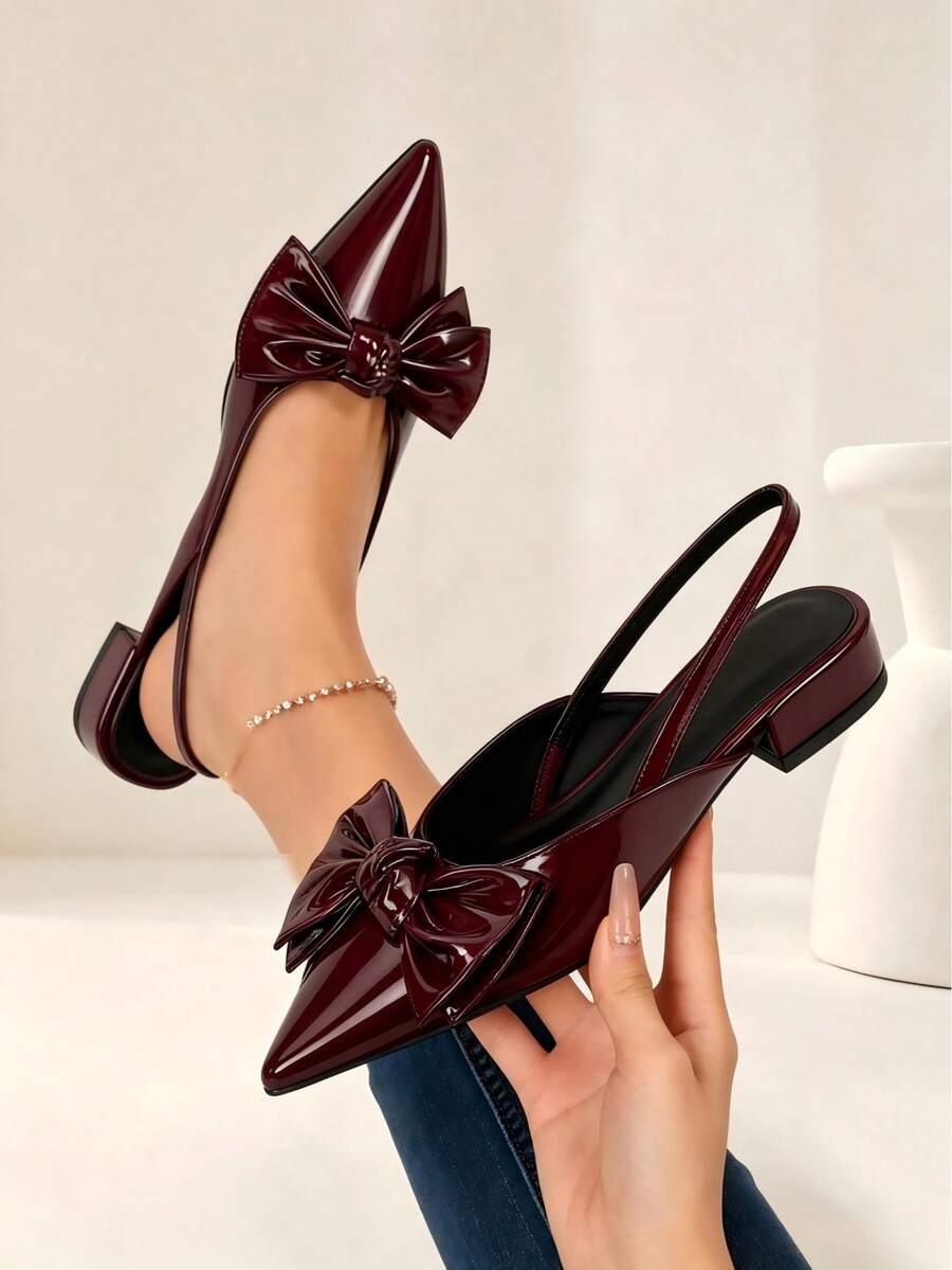 Geeyea Ladies'low-Heeledsandals,Made Of PU Synthetic Leather Feature A Bowknot And A Pointed Toe With A Thick Heel,Perfect For Daily Wear,Dating,And Parties. - Red - View 1