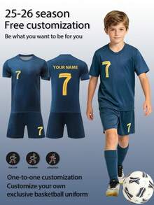[Custom-Made] Personalized Name 2 Pieces Set, Boys & Youth Casual Soccer Jersey Riyadh Victory Away No.7, Round Neck Short Sleeve Shirt And Shorts Set, Quick-Dry Breathable Polyester Fabric, Suitable For Sports, Training, Casual Wear, Outdoor Activities,Multi-Functional,Ornamental,Letter,Stylish,Modern,Colorful,Cute,Adorable,Casual,Soft,Custom,Personalised,Unique,Customized,Baby Gifts,Ideal Gifts For Him,Ideal Gifts For Her,Son,Daughter - Dark Green - View 4