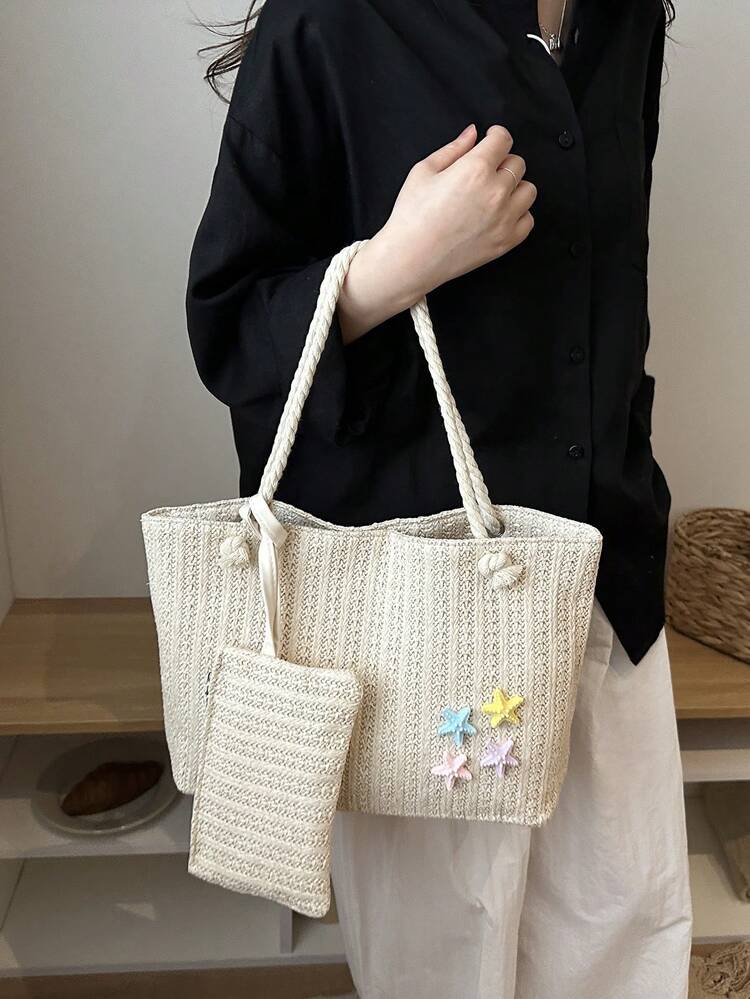 Large Capacity Woven Tote Bag, 2 Pieces Straw Tote Bag With Coin Purse, Lightweight Shopping Shoulder Bag, Summer Essential Travel Bag, Women's Vacation Backpack, Portable - Beige - View 2