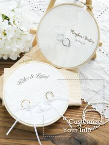 Takeoak 1pc Customized Lace Wedding Ring Pillow, Personalized Ring Holder With Name And Date Engraving, Pearl Bowknot, Rustic Elegant Round Ring Cushion, Multi-Layer Ring Display, Romantic Bridal Ceremony Decor, Engagement Anniversary Gift, Wedding Accessory - Multicolor - View 2