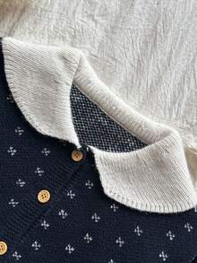 Girls' Korean Style Vintage Geometric Pattern Knit Cardigan With Peter Pan Collar And Open Front - Royal Blue - View 4