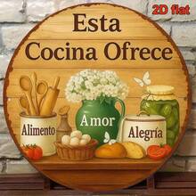 1pc 2D Flat 8*8 Inch Round French Sign, Vintage Kitchen Decorative Plaque, "Food & Love" Decor Sign, Suitable For Restaurant, Kitchen, Cafe, Bar, Home Party, Bakery. Language: Spanish (Random Hole Position) - A - View 3