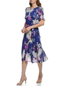 DKNY Vestido Midi de Gasa con Mangas y Falda Godet Vestido para Mujer - Equipaje - Ver 2