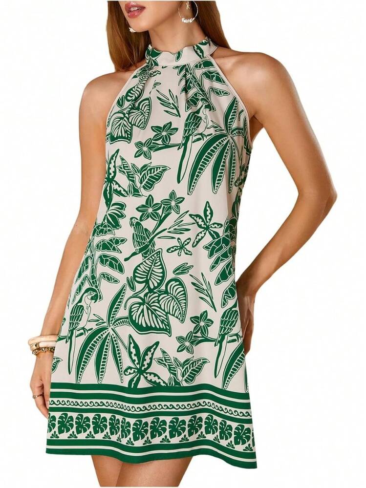 - Vestido corto sin mangas con estampado floral para mujer, cuello halter, línea A - rosa y rojo - Añade 10