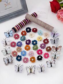 175pcs Morandi Color Block Vintage Hair Accessories Set For Girls, Includes Ribbon Flower/Artificial Butterfly/Rhinestone Satin Flower Hair Clips, Mini Claw Clips, High Elasticity Non-Damaging Hair Ties, Suitable For Daily/Party/Gift Use - Multicolor - View 4