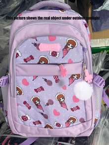 Mochila antitombos, linda y ligera, mochila escolar para niñas adolescentes, mochila para computadora portátil de 15. 6 pulgadas con pompón, mochila de viaje casual, regalo de regreso a la e - Morado - Ver 1