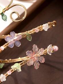 1件波希米亞風海灘花卉手臂飾品，可調節金色手臂配件，附粉色花朵與綠葉吊墜，夏季度假女性手臂珠寶 - 金黃色 - 查看 6