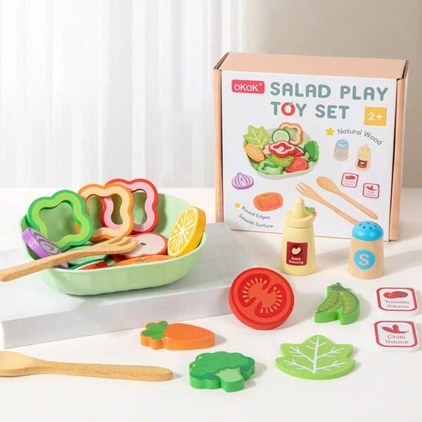 1 Set Natürliches Massivholz Salat Zubereitung Rollenspiel, Portionskontrolle Rezeptkarten, Obst & Gemüse Erkennung, Baby Küche Rollenspiel Lernspielzeug