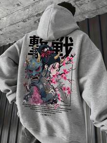 Sudadera con capucha para hombre con cordón ajustable, estilo casual moderno, estilo urbano, estampada con motivos de personajes de anime y frases, y cuenta con un bolsillo tipo canguro. - Gris - Ver 1