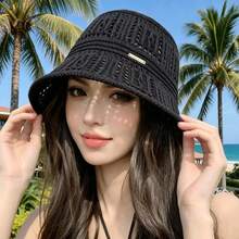 女款幸運Logo可折疊草編遮陽帽，純色防紫外線旅行沙灘帽，時尚百搭夏季戶外遮陽帽，適合海灘度假 - 帽子 - 查看 5