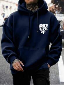 男士秋冬休閒時尚「Don't Give Up」標語印花袋鼠口袋抽繩連帽抓絨衛衣 - 藏蓝色 - 查看 2
