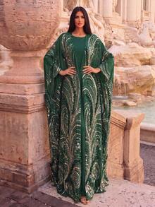 Faeriesty Women's Formal 2 Pieces Set: Round Neck Sleeveless Dress With Open Front Batwing Sleeve Cover Up, Suitable For Weddings, Galas And Other Formal Occasions Party - Dark Green - View 1