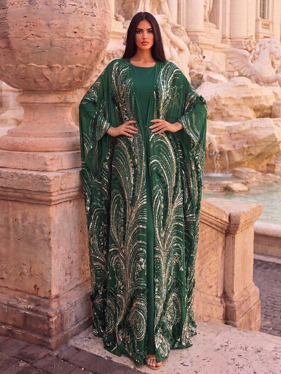 Faeriesty Women's Formal 2 Pieces Set: Round Neck Sleeveless Dress With Open Front Batwing Sleeve Cover Up, Suitable For Weddings, Galas And Other Formal Occasions Party - Dark Green - View 1
