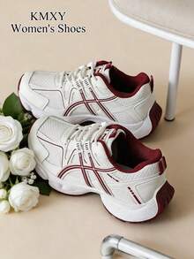 Baskets Épais à semelle épaisse pour femmes KMXY, printemps/automne, chaussures décontractées à talon compensé bas en maille respirante, légères et polyvalentes, à lacets, coloris blanc/gris/blanc, chaussures de sport et de course toutes saisons - Rouge - Voir 6
