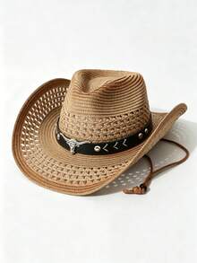 1pc Unisex Western Straw Cowboy Hat, Outdoor UV Protection Breathable Woven Summer Hat, Suitable For Travel And Beach Wear - Black Arrow-shaped Hollowed-out Straw Hat - View 5