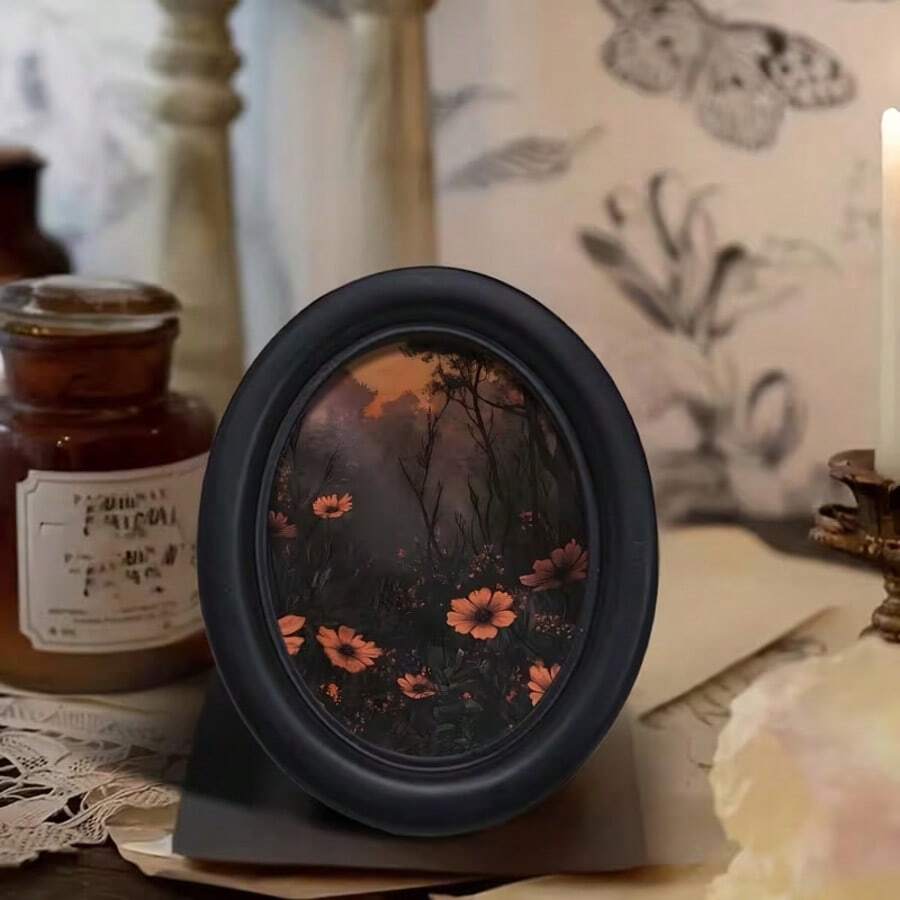1pc 3D Black Oval Vintage Picture Frame, Gothic Style, Halloween, Thanksgiving, Autumn And Other Holiday Decoration, With Hook