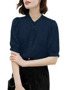 Blusa de manga corta con cuello alto y seda para mujer con pliegues y botones para oficina - Negro - - Ver 13