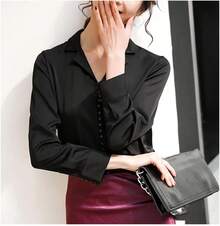 Camisa de manga larga de seda con solapa para mujer, diseño de negocios con hebillas sólidas, cuello en V, blusa delgada - Rojo vino - Ver 4