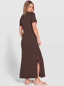 ANRABESS - Vestido largo casual de verano para mujer, manga corta, cuello redondo, dividido, sin arrugas, para viajes, playa, día festivo - Verde bosque - Ver 6