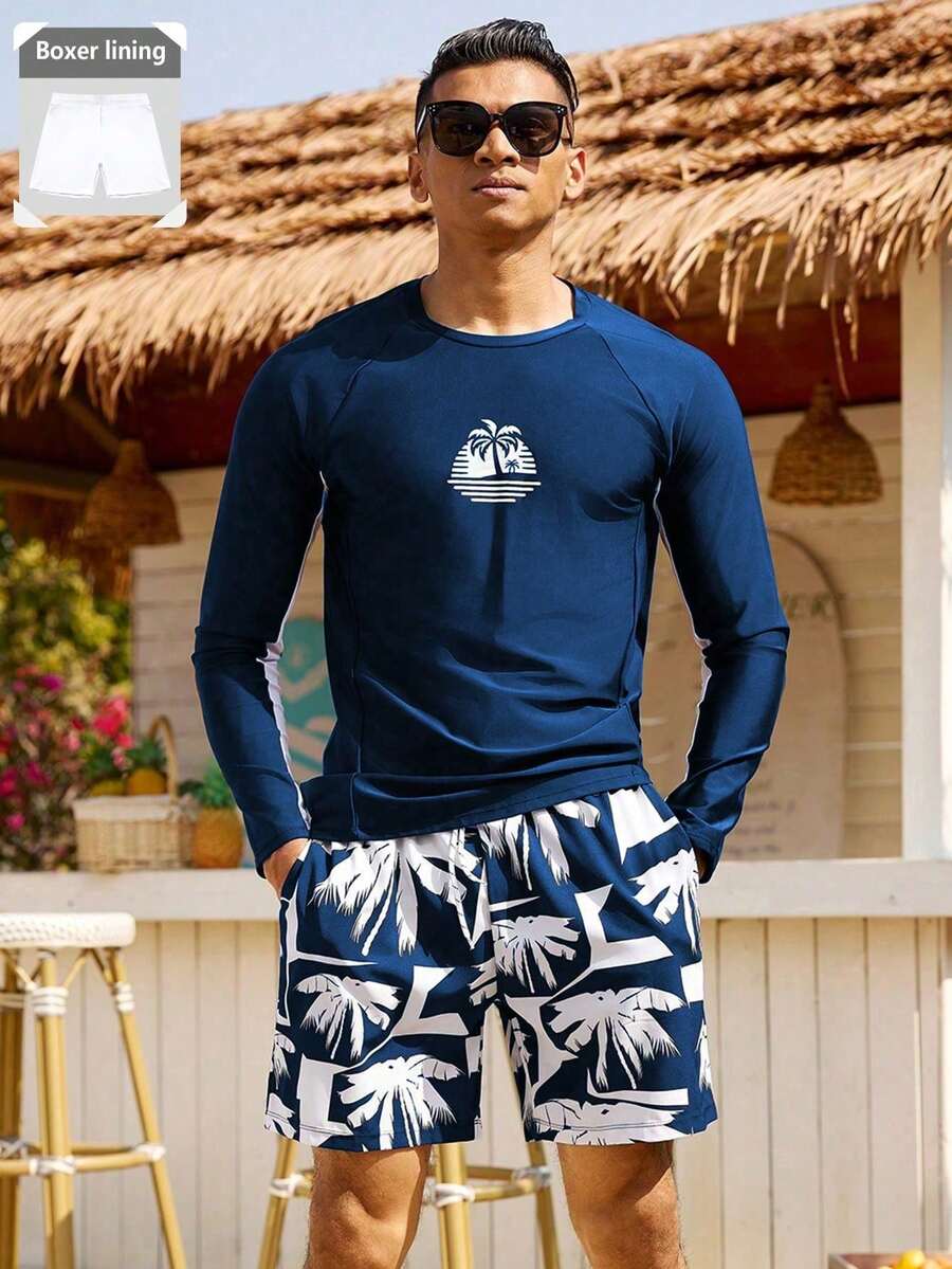 Set de 2 piezas de traje de baño para hombre con estampado de árbol de coco, de manga larga y shorts, hawaiano, para vacaciones - Multicolor - Ver 1