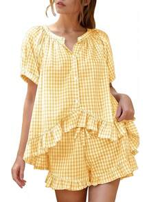 Flygo - Conjunto de pijama de cuadros para mujer, 2 piezas, de algodón, manga abombada, con volantes, conjunto de pijama de verano - Sandía - Ver 25
