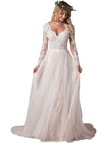 Tsbridal Vestidos de novia para mujer, línea A, cuello en V, encaje de tul sin espalda, vestido de novia bohemio - Estilo 6-Champán - Ver 12