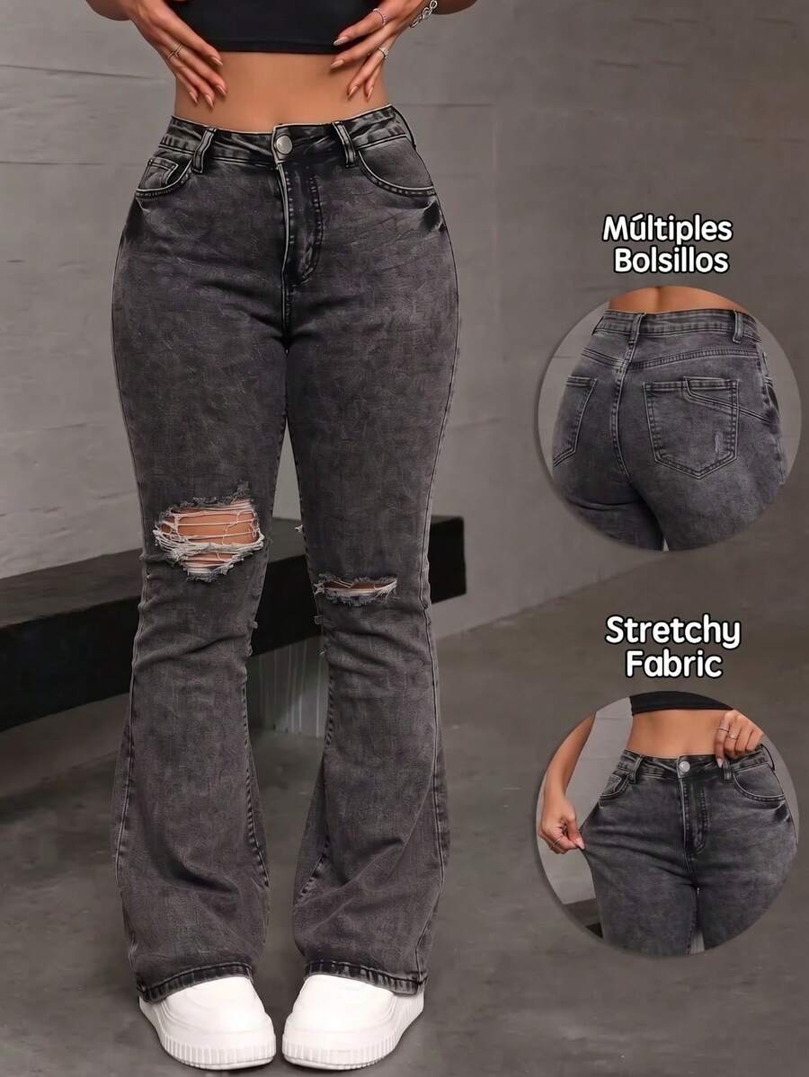 Washed Denim Flared Trousers With Rips, Mid-Rise, Fitted And Stretchy - Black and Gray - View 1