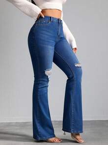 Floor-Length, High-Waisted Flare Trousers With One-Sided Rips At The Knees, High Elasticity, Fitted, Available In Multiple Shades, Retro Flowy Drape - Medium Wash - View 4