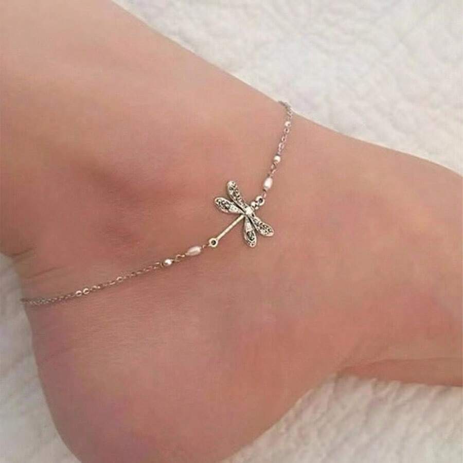 1件女款波西米亞復古蜻蜓昆蟲腳踝鍊，簡約時尚設計展現個性，足部飾品配件優選 - 銀色 - 查看 1