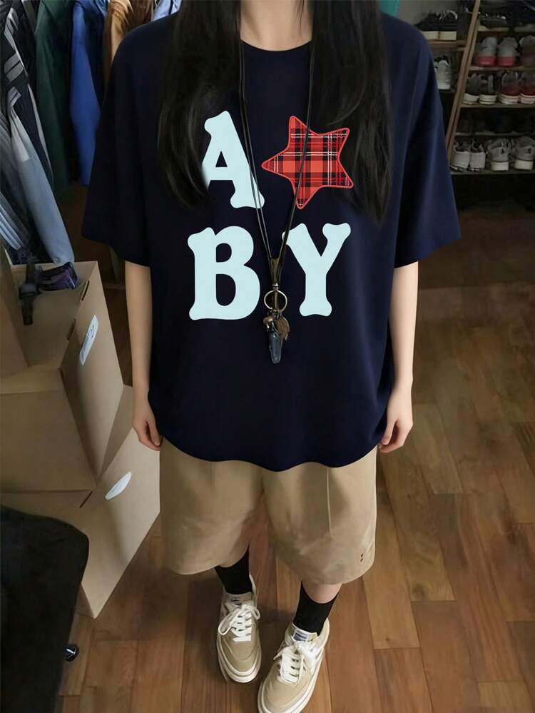 Women's Loose Round Neck Fashion Simple Letter & Star Print Short Sleeve T-Shirt, Summer Casual - Dark Blue - View 2
