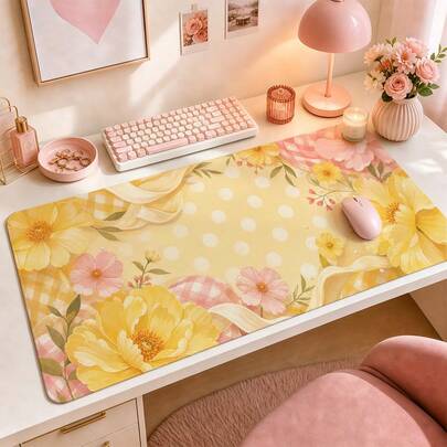 Krem Sarı Çiçekli Puantiyeli Piknik Stili Büyük Mouse Pad, Yumuşak Çiçekli Masa Matı, Krem Puantiye Desenli, Pürüzsüz Kaymaz Genişletilmiş Klavye Pedi, Dizüstü Bilgisayar, Yurt Odası, Makyaj Masası, Ev Ofis Dekoru, Oyun Kurulumu ve Hediye İçin Uygun
