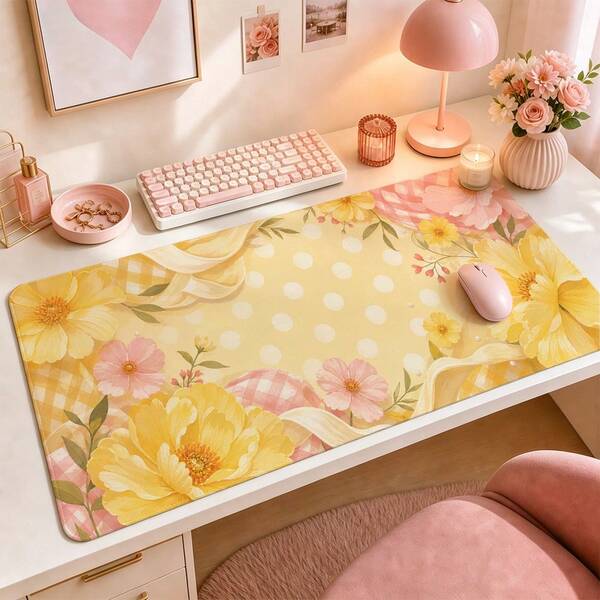 Cream Yellow Floral Polka Dot Picnic Style Large Mouse Pad, Soft Floral Desk Mat, Cream Polka Dot Pattern, Smooth Non-Slip Extended Keyboard Pad, Suitable For Laptop, Dorm, Vanity, Home Office Decor, Gaming Setup And Gift