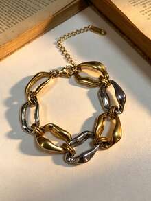 Tone Chunky Asymmetric Link Bracelet, 18K Gold Plated Titanium Steel, Mix Gold Silver Color Statement Bracelet For Women Daily Stackable Jewelry Gift - Gold and Silver Two-tone Bracelet - View 4